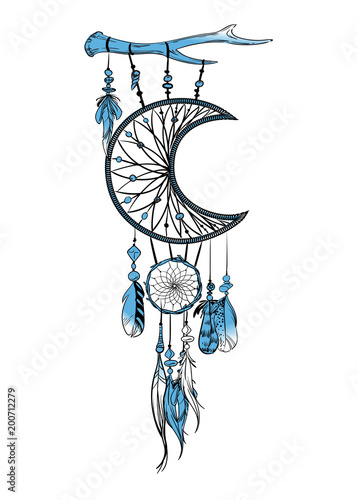 Vector illustration with hand drawn dream catcher. Feathers and beads.