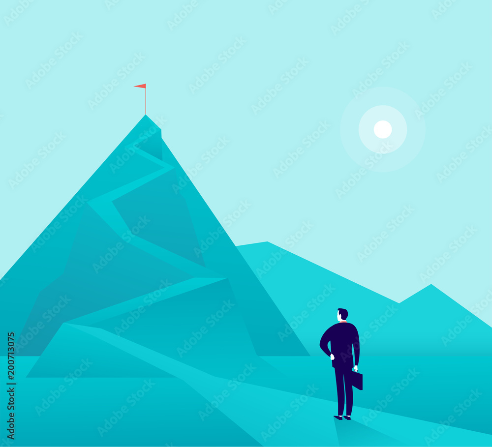 Vector business concept illustration with businessman standing at mountain peak and watching on top. Metaphor for new aims and goals, purposes, achievements and aspirations, motivation.