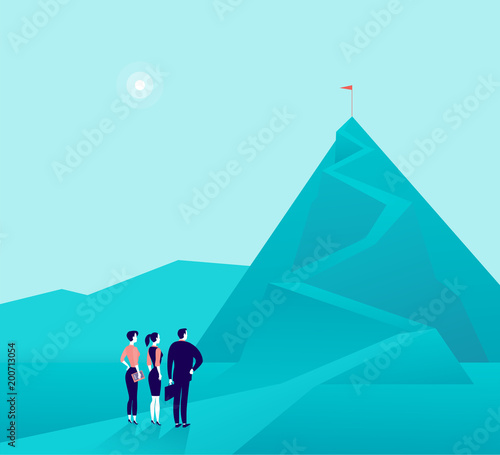Vector business concept illustration with businessmen, woman standing at mountain pic and watching on top. Metaphor for growth, new aims & goals, team work & partnership, aspirations, motivation.