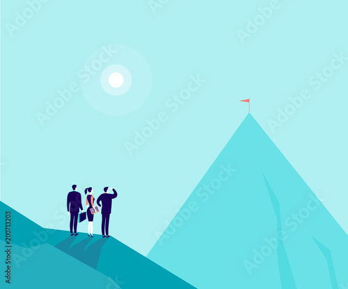 Vector business concept illustration with businessmen, woman standing on mountain pic and watching at new top. Metaphor for growth, new aims & goals, team work & partnership, aspirations, motivation.