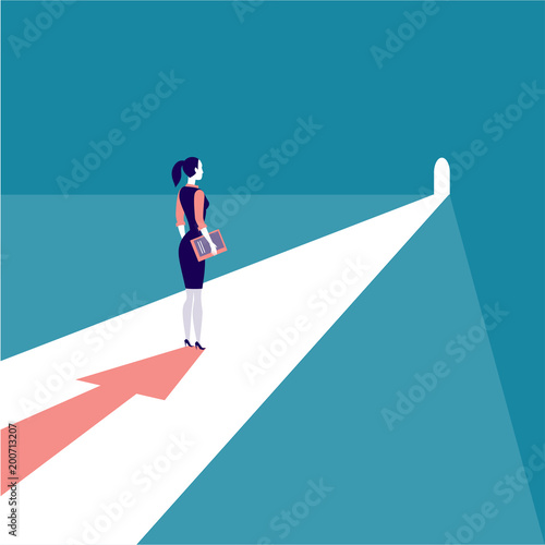 Vector business concept illustration with businesswoman  standing in door light with arrow shadow. Metaphor for aspirations, solution, career perspective, purposes, new goals and aims, motivation.