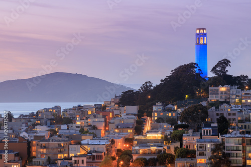 Photography Coit Tower lit blue in recognitiomn of the Golden State Warriors