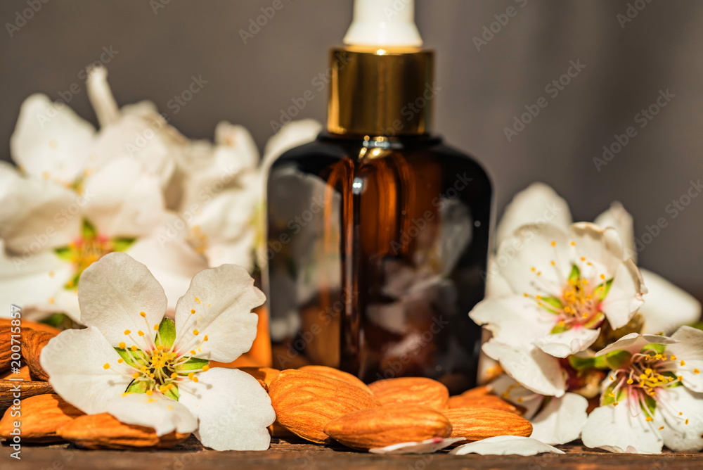 Almonds, oil and white flowers on grey background Almonds, oil and white flowers on grey background