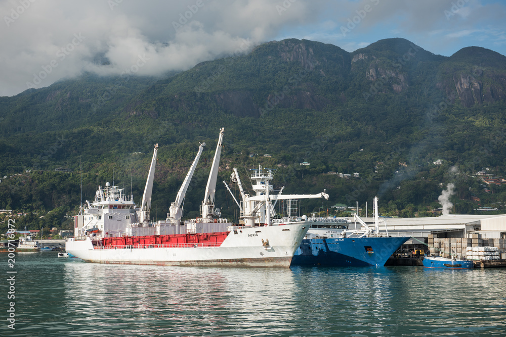 Cargo boats importing and exporting good in the seychelless, at the port in Mahe. The picture perfect mountain scenery in the tropical island is the backdrop of the moored boats. Cargo boats importing and exporting good in the seychelless, at the port in Mahe. The picture perfect mountain scenery in the tropical island is the backdrop of the moored boats.