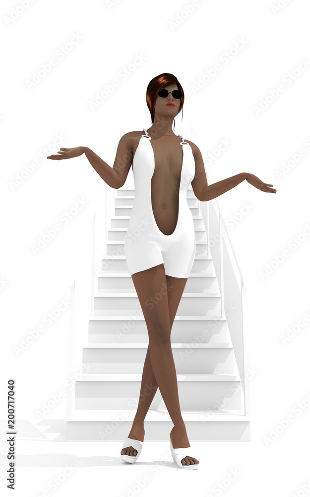 Obraz premium Young lady poses near staircase. 3D rendering. Short elegant dress. Metallic material