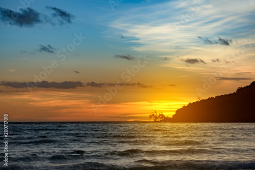 Sunset at the Lazy. Waves are breaking on the shore. Tropical Island  Koh Rong Sanloem. Cambodia  asia. 