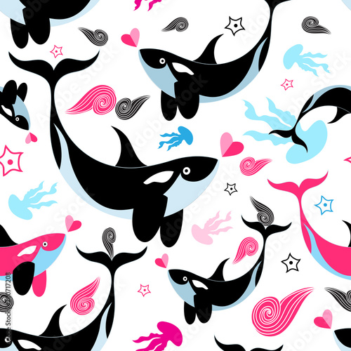 Seamless sea pattern enamored whales