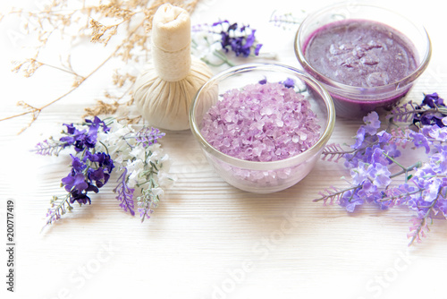 Purple Lavender aromatherapy Spa with salt and treatment for body. Thai Spa relax massage.  Healthy Concept. select and soft focus