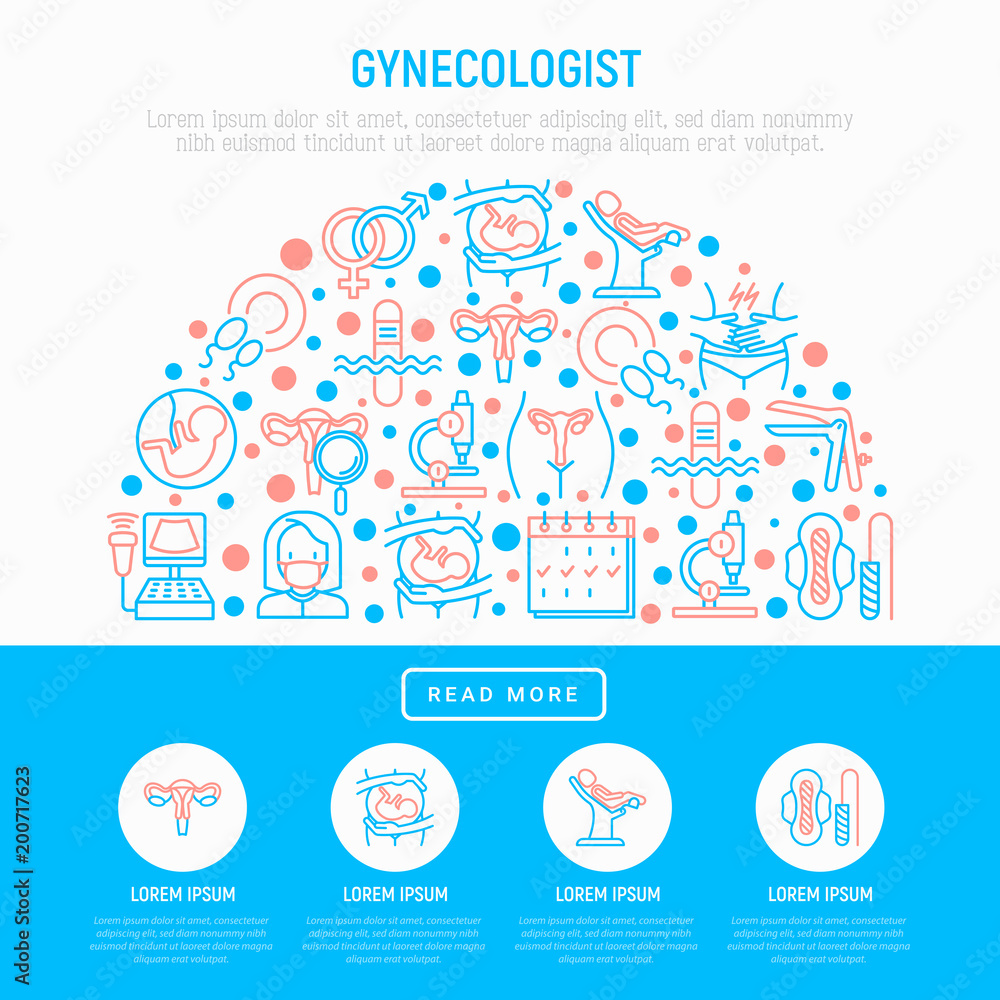 Gynecologist concept in half circle with thin line icons: uterus, ovaries, gynecological chair, pregnancy, ultrasound, sanitary napkin, embryo, ovulation Modern vector illustration, web page template.