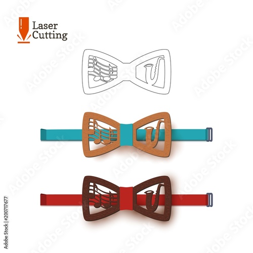 Laser cut bow-tie template musical theme, sheet music and jazz saxophone. Vector silhouette for cutting a bow tie on a lathe made of wood, metal, plastic. The idea of design of a stylish accessory.