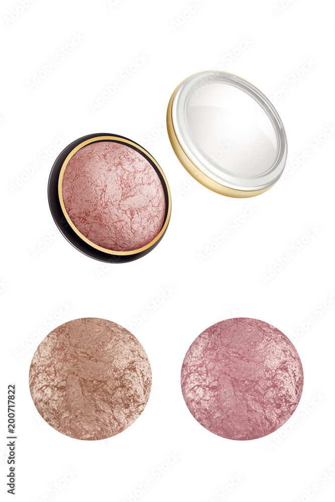 Cosmetic compact face powder with two high resolution samples, beauty products isolated on white background, clipping paths included Cosmetic compact face powder with two high resolution samples, beauty products isolated on white background, clipping paths included