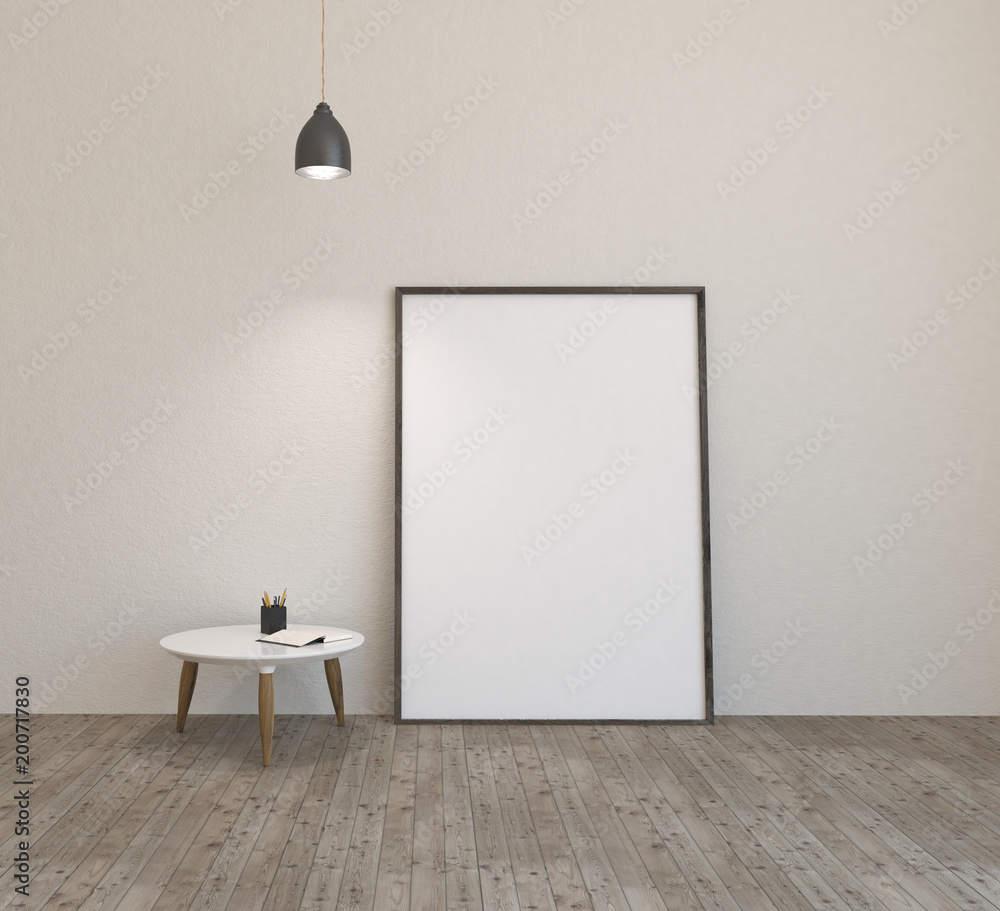Empty room with white walls and framed poster