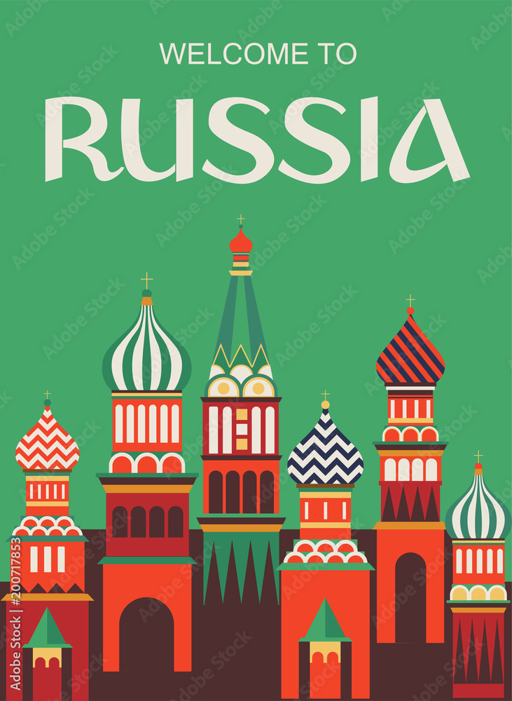 Welcome to Russia. Russian traditional folk art. Poster. Flat design Vector illustration.