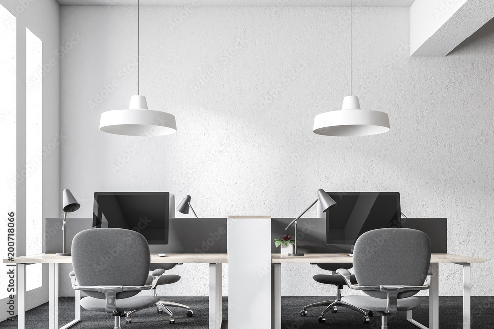 White loft open space workplace closeup White loft open space workplace closeup