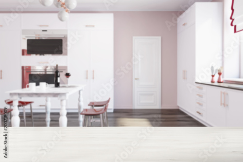 Luxury kitchen with a marble table blur