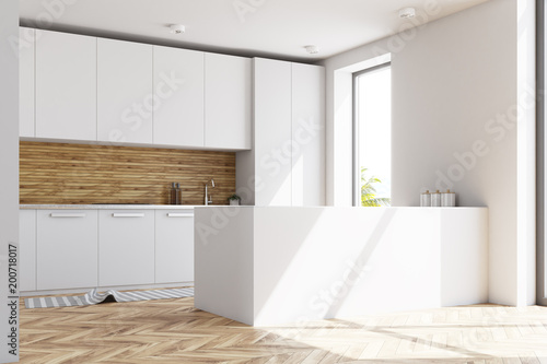 White and wooden kitchen interior  bar side view