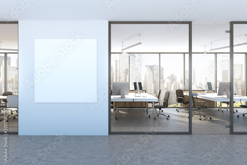 Blue wall office lobby, square poster, cityscape