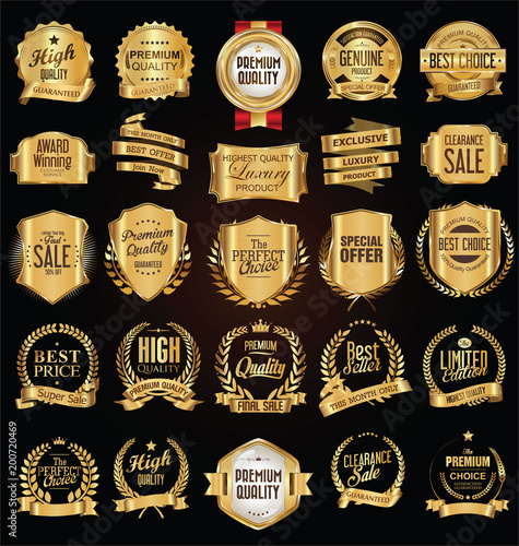 Golden labels and badges vector illustration collection