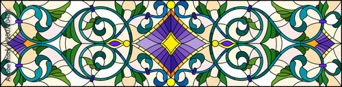 Illustration in stained glass style with abstract  swirls,flowers and leaves  on a light background,horizontal orientation