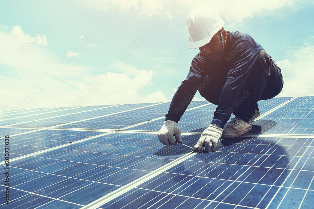 custom made wallpaper toronto digitalengineer team working on replacement solar panel in solar power plant;engineer and electrician team swapping and install solar panel after solar panel voltage drop