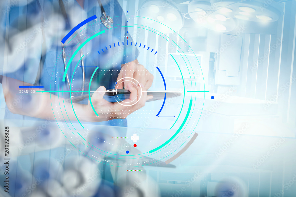 Double exposure of smart medical doctor working with operating room as concept Double exposure of smart medical doctor working with operating room as concept