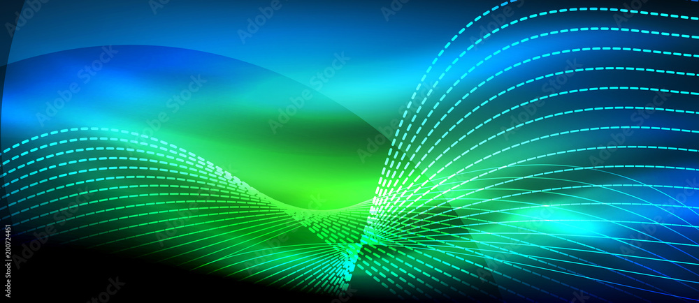 Fototapeta premium Glowing abstract wave on dark, shiny motion, magic space light. Techno abstract background