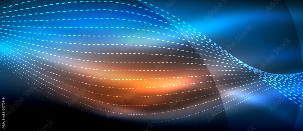 Obraz premium Glowing abstract wave on dark, shiny motion, magic space light. Techno abstract background