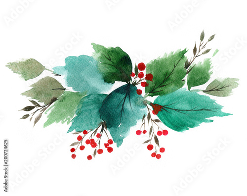 Watercolor bouquet. Holly berry leaves. photo