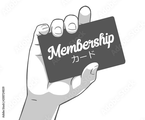 Black and white illustration of female hand holding membership card, card written in japanese