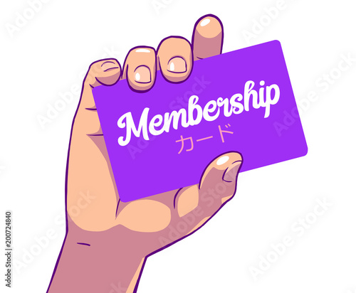 Color illustration of female hand holding membership card, card written in japanese