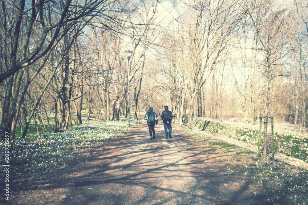 couple walking on path in scenic park, durature relationship concept in the nature couple walking on path in scenic park, durature relationship concept in the nature