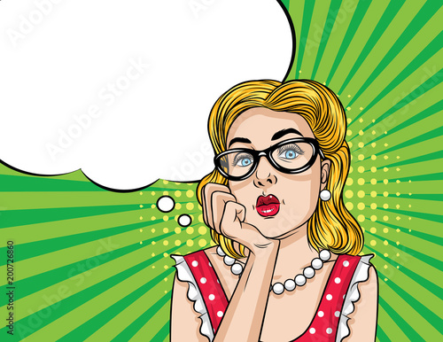 Vector retro illustration  pop art comic style of a pretty woman in red dress boring. Young beautiful blond hair lady in glasses dreaming