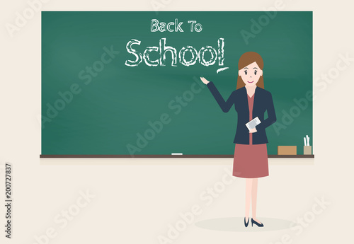 Female teacher and Back to school text chalkboard background