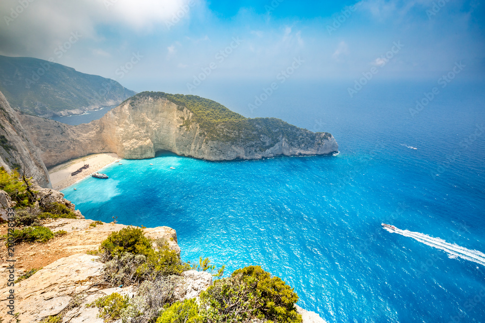 Idyllic view of beautiful Navagio Beach on Zakynthos Island in Greece