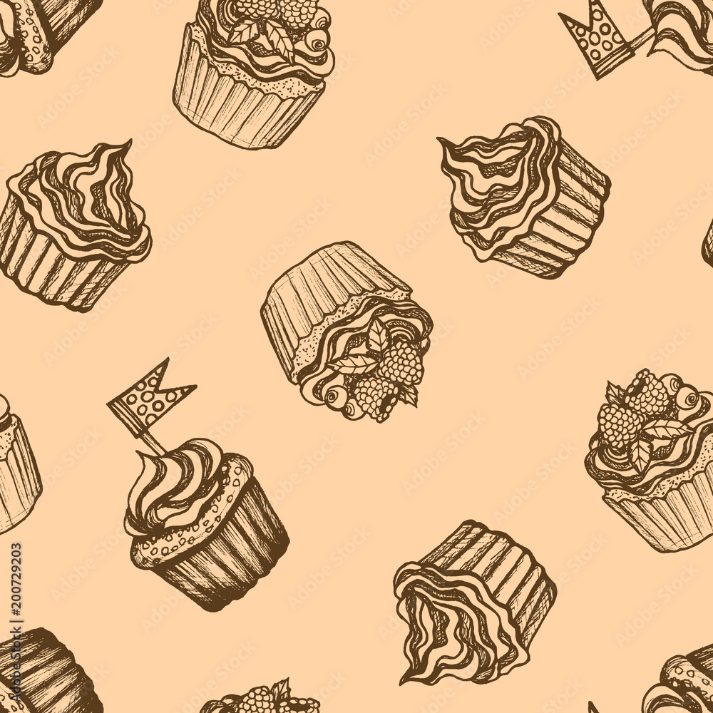 Desserts - brown and beige seamless pattern with hand-drawn cakes