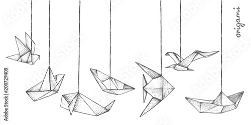 Origami - decoration - 7 gray paper figures