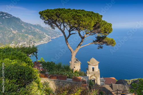 View of the Amalfi Coast and Gulf of Salerno from Villa Rufolo in the hilltop town of Ravello in Campania, Italy. photo