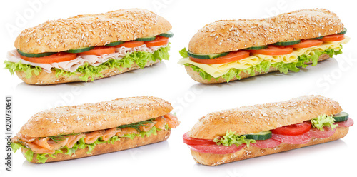Collection of sub sandwiches with salami ham cheese salmon fish whole grains isolated on white