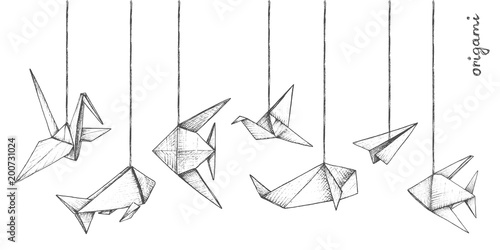 Origami - decoration 7 gray paper figures