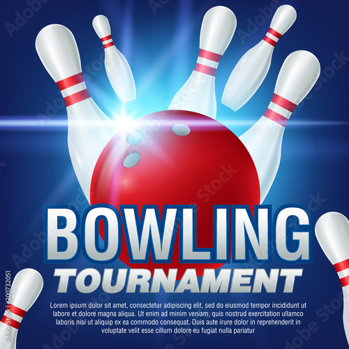 Bowling tournament poster. 3d ball and skittles composition