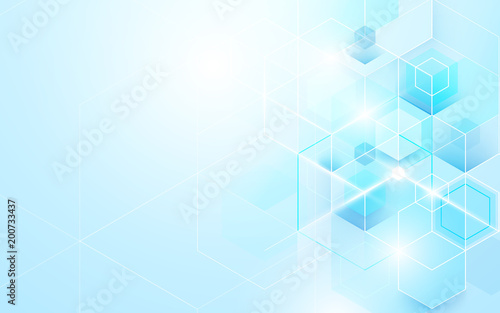Abstract blue geometric and hexagons shiny. Science or technology concept background Template brochure design