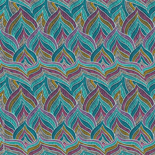 Tribal pattern. Ethnic print. Aztec. Abstract geometric fabric. Cloth design. Embroidery. Retro. Feather. Bird. Boho homespun. Hand drawn seamless vector.