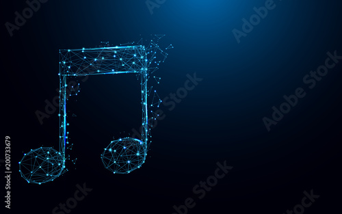 Abstract music note form lines and triangles, point connecting network on blue background. Illustration vector