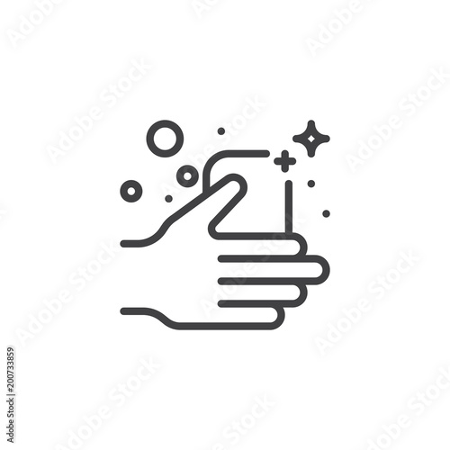 Soap bar in a hand outline icon. linear style sign for mobile concept and web design. Wash hands simple line vector icon. Symbol, logo illustration. Pixel perfect vector graphics