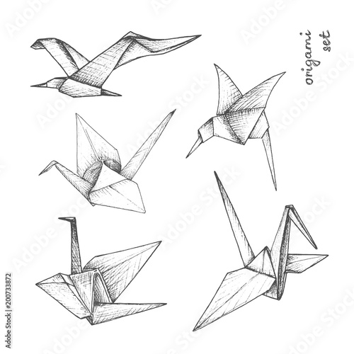 Origami - set of 5 gray paper birds
