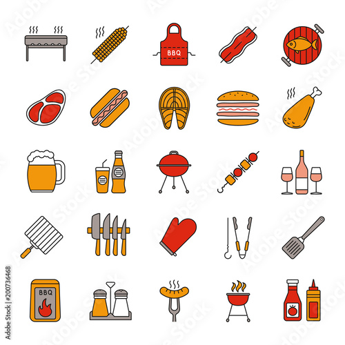 Barbecue color icons set