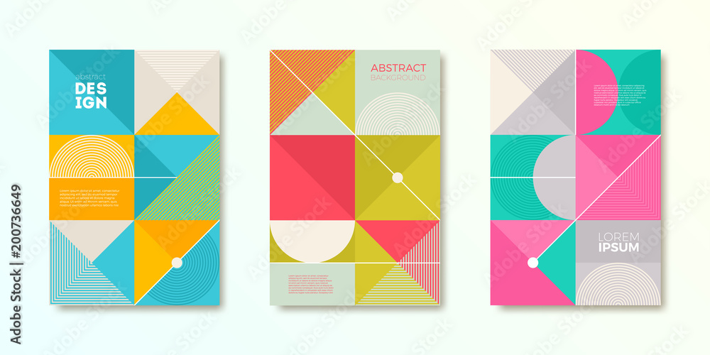 Set of cover design with simple abstract geometric shapes. Vector illustration template. Universal abstract design for covers, flyers, banners, greeting card, booklet and brochure.