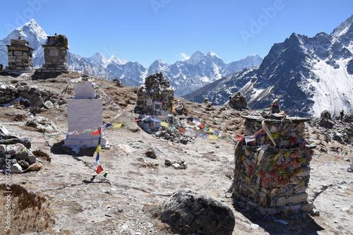 Memorials to fallen Everest mountaineers between Thukla and Lobuche, Nepal photo