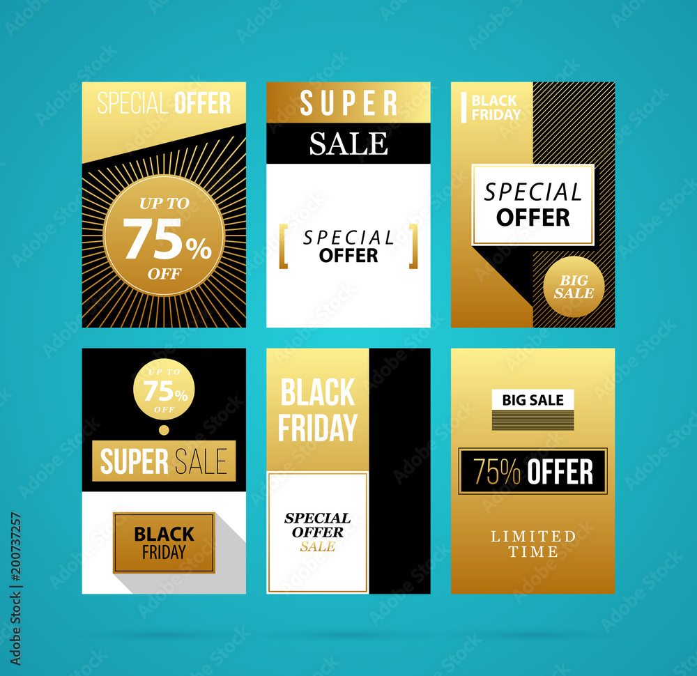 Set of six Black Friday banners/posters in golden style on turquoise background