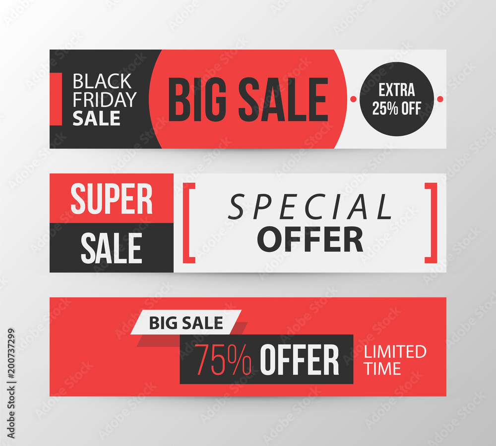 Three horizontal Black Friday banners in retro black and red style on gray background Three horizontal Black Friday banners in retro black and red style on gray background